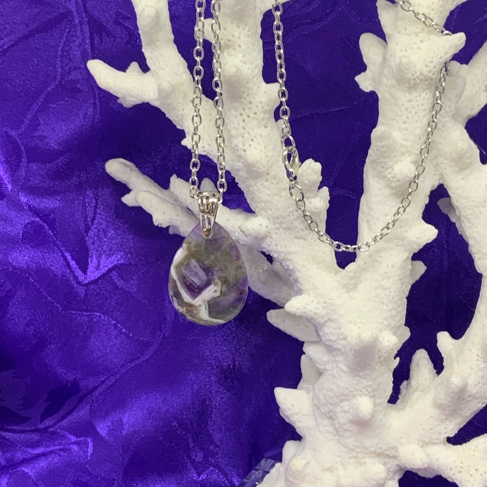 Purple Brazil Zebra Amethyst Necklace on Stainless Steel Silver Plated Chain - Picture 8 of 12